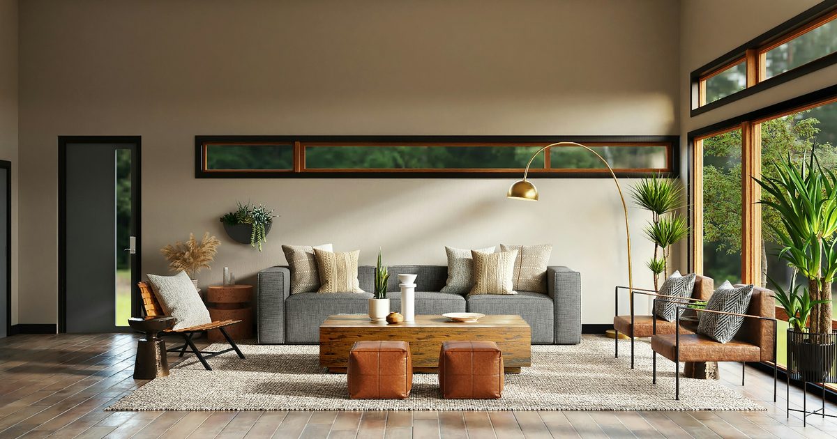 Bright, open living room with a gray sofa, wood coffee table, leather ottomans, a brass arc floor lamp, plants, and tall wood-framed windows.